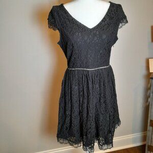 NWT Black Lace Mini Lined Dress Rhinestone Belt Detail Keyhole Back